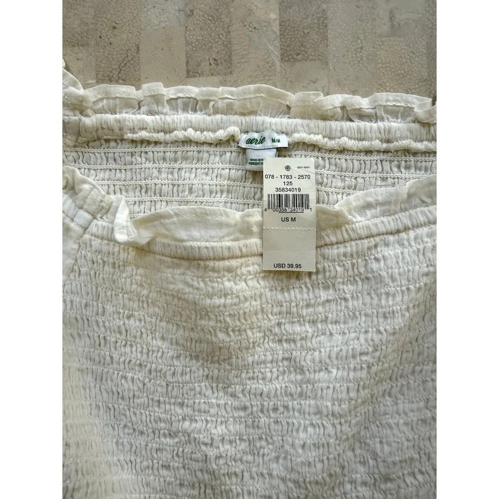 Aerie Smocked Long Sleeve Ivory Square Neck Peasant Boho Cottage Top Size M NWT - Picture 3 of 7